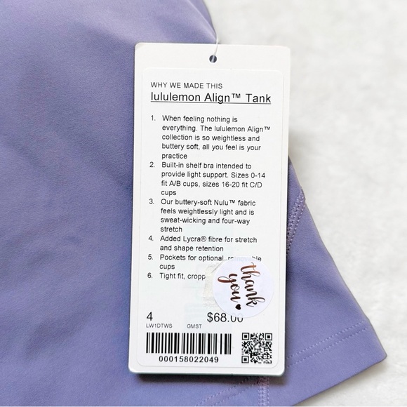 NWT Lululemon Align Tank – Grape Mist – Size 4 (SOLD OUT) - Picture 4 of 8